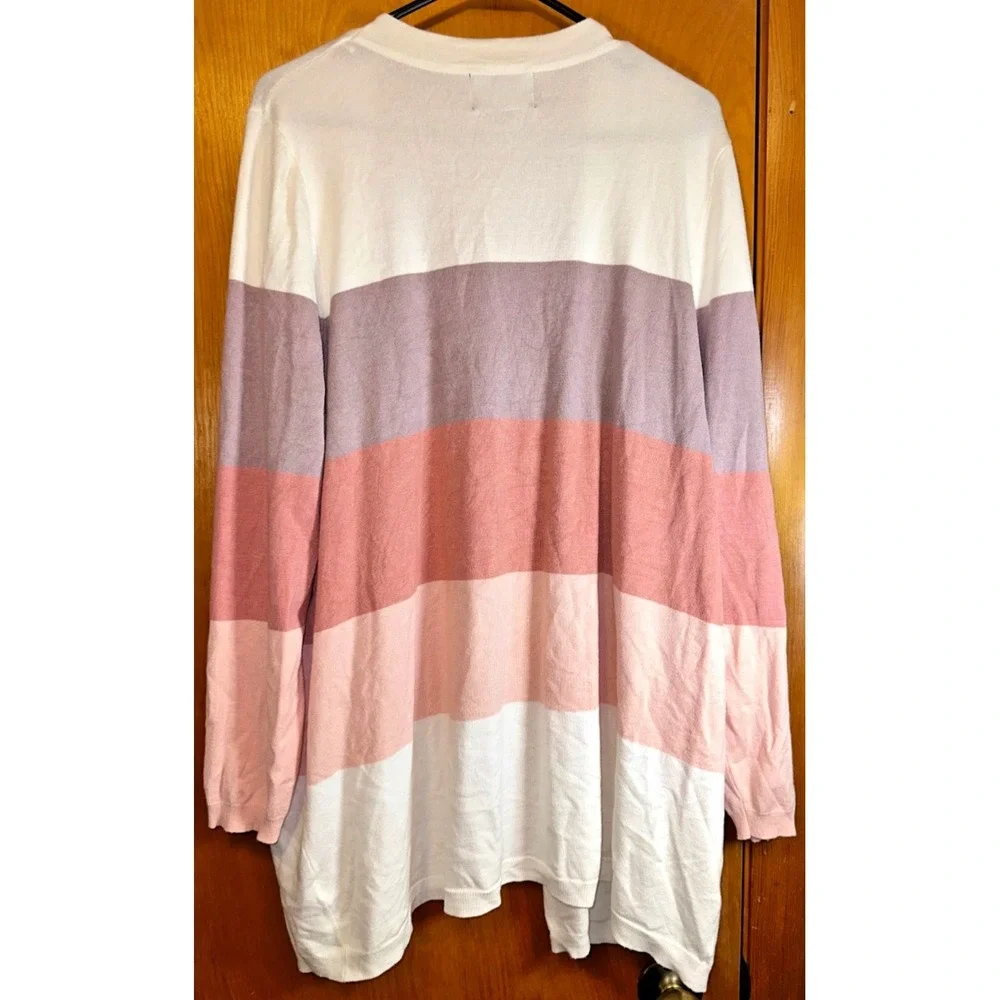 Absolutely Creative Worldwide 2X Clorblock Striped Open Long Cardigan Ivory Pink